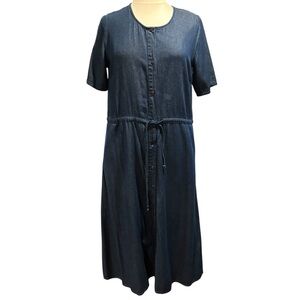 National Denim Midi Dress Womens‎ Large Blue Cotton Button Front Drawstring #742